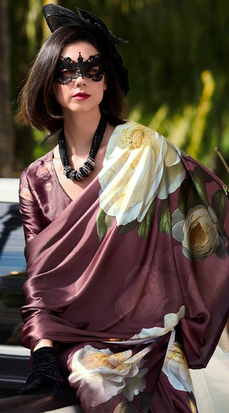 Elegant Brown Digital Printed Satin Silk Saree With Sophisticated Blouse Piece