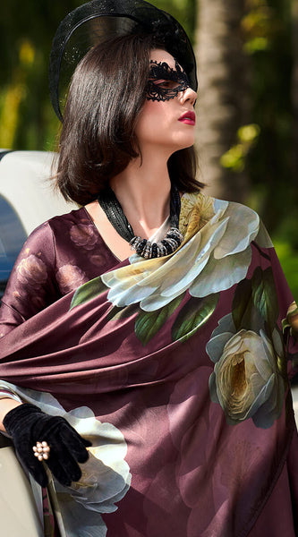 Elegant Brown Digital Printed Satin Silk Saree With Sophisticated Blouse Piece