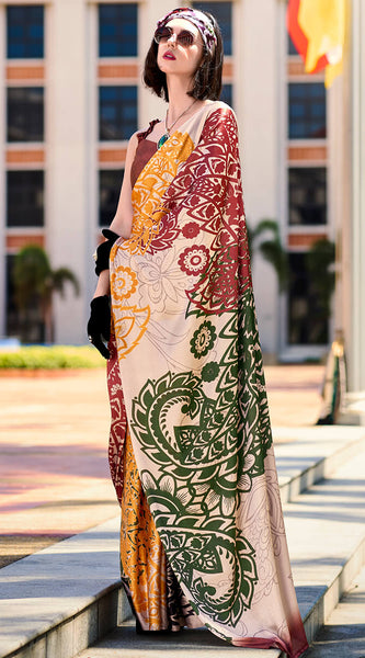 Energetic Beige Digital Printed Satin Silk Saree With Skinny Blouse Piece