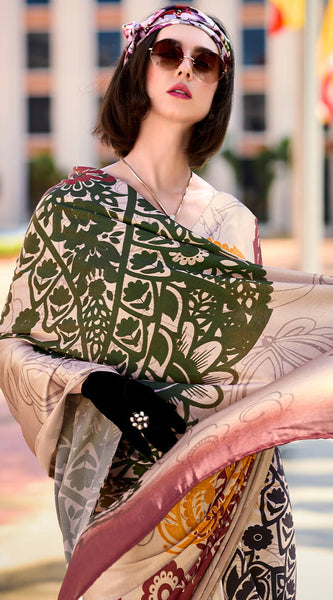 Energetic Beige Digital Printed Satin Silk Saree With Skinny Blouse Piece