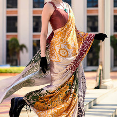 Energetic Beige Digital Printed Satin Silk Saree With Skinny Blouse Piece