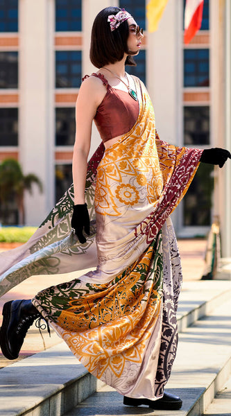Energetic Beige Digital Printed Satin Silk Saree With Skinny Blouse Piece