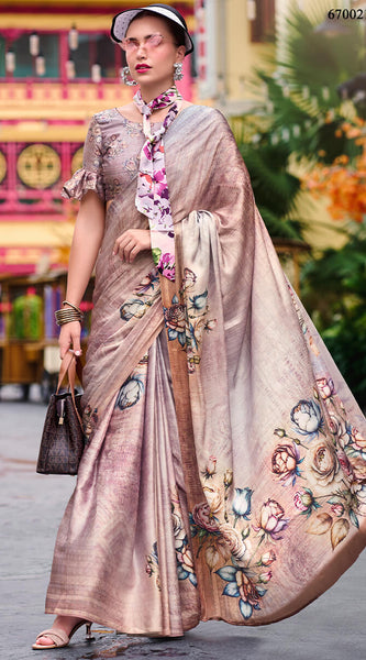 Charming Dark Beige Digital Printed Satin Silk Saree With Smart Blouse Piece