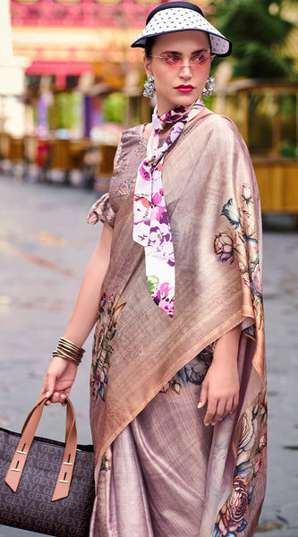 Charming Dark Beige Digital Printed Satin Silk Saree With Smart Blouse Piece