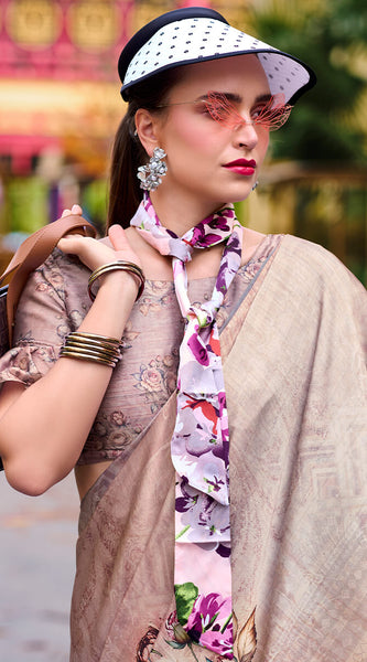 Charming Dark Beige Digital Printed Satin Silk Saree With Smart Blouse Piece