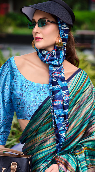 Glorious Rama Digital Printed Satin Silk Saree With Entrancing Blouse Piece