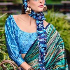 Glorious Rama Digital Printed Satin Silk Saree With Entrancing Blouse Piece