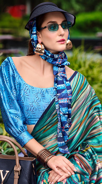 Glorious Rama Digital Printed Satin Silk Saree With Entrancing Blouse Piece
