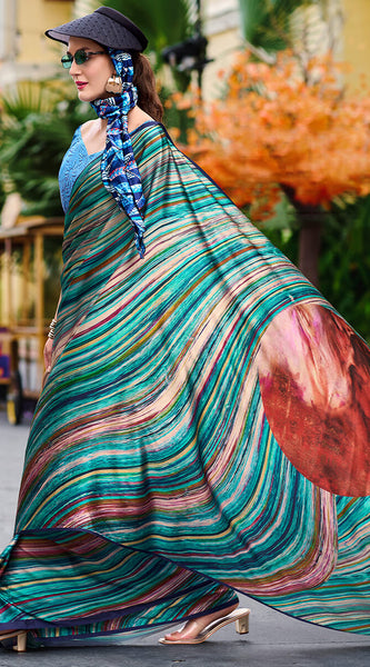 Glorious Rama Digital Printed Satin Silk Saree With Entrancing Blouse Piece