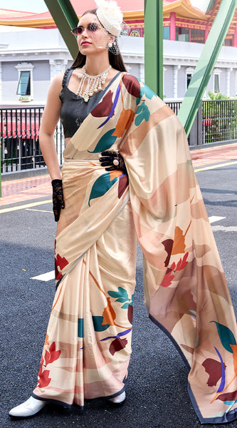 Excellent Beige Digital Printed Satin Silk Saree With Effervescent Blouse Piece