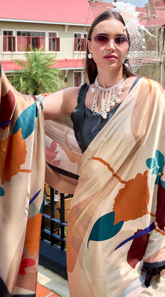 Excellent Beige Digital Printed Satin Silk Saree With Effervescent Blouse Piece