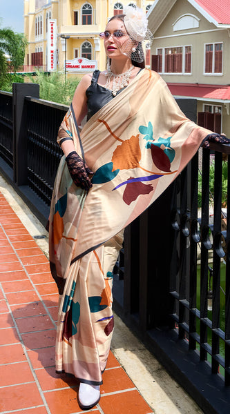 Excellent Beige Digital Printed Satin Silk Saree With Effervescent Blouse Piece