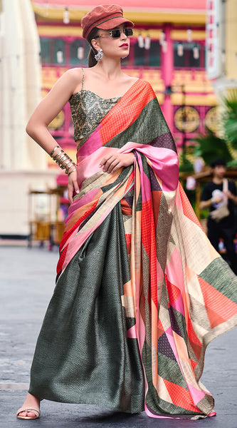 Palimpsest Grey Digital Printed Satin Silk Saree With Delectable Blouse Piece