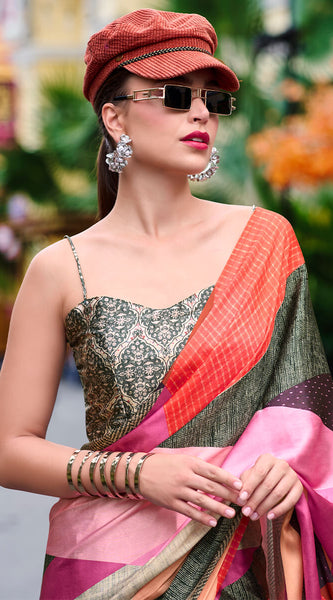 Palimpsest Grey Digital Printed Satin Silk Saree With Delectable Blouse Piece