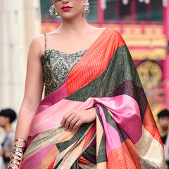 Palimpsest Grey Digital Printed Satin Silk Saree With Delectable Blouse Piece