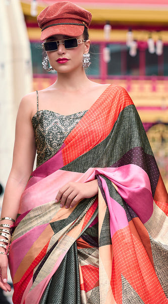 Palimpsest Grey Digital Printed Satin Silk Saree With Delectable Blouse Piece