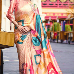 Gratifying Beige Digital Printed Satin Silk Saree With Snappy Blouse Piece