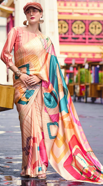 Gratifying Beige Digital Printed Satin Silk Saree With Snappy Blouse Piece