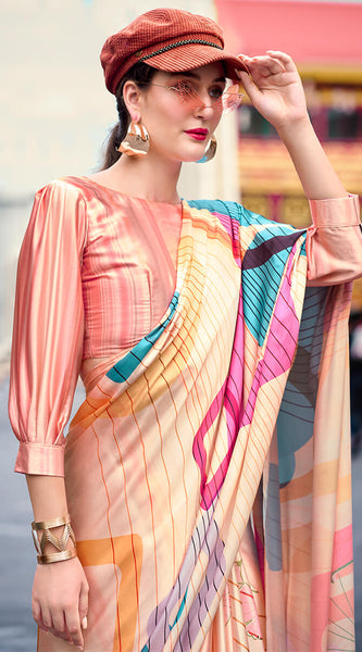 Gratifying Beige Digital Printed Satin Silk Saree With Snappy Blouse Piece