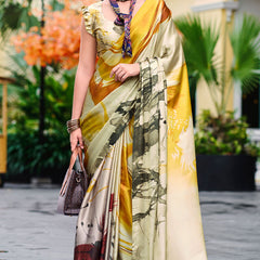 Glittering Beige and Yellow Digital Printed Satin Silk Saree With Charismatic Blouse Piece