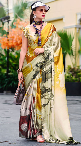 Glittering Beige and Yellow Digital Printed Satin Silk Saree With Charismatic Blouse Piece