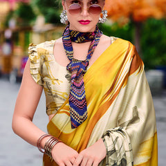 Glittering Beige and Yellow Digital Printed Satin Silk Saree With Charismatic Blouse Piece