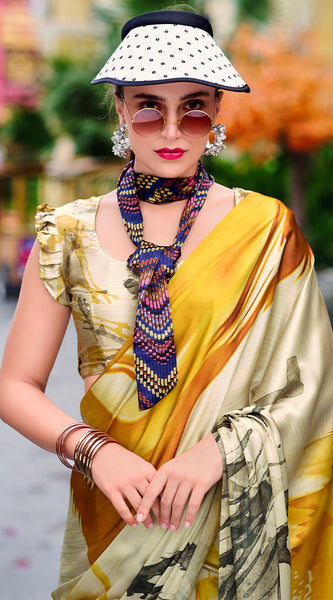 Glittering Beige and Yellow Digital Printed Satin Silk Saree With Charismatic Blouse Piece
