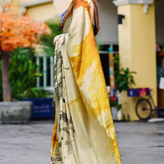 Glittering Beige and Yellow Digital Printed Satin Silk Saree With Charismatic Blouse Piece
