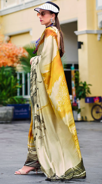 Glittering Beige and Yellow Digital Printed Satin Silk Saree With Charismatic Blouse Piece