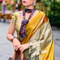 Glittering Beige and Yellow Digital Printed Satin Silk Saree With Charismatic Blouse Piece