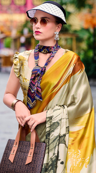 Glittering Beige and Yellow Digital Printed Satin Silk Saree With Charismatic Blouse Piece