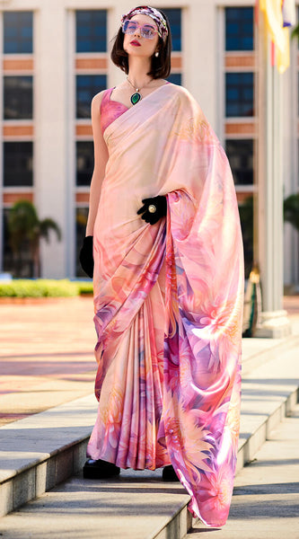 Magnificat Baby Pink Digital Printed Satin Silk Saree With Incredible Blouse Piece