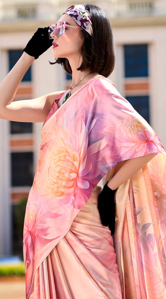 Magnificat Baby Pink Digital Printed Satin Silk Saree With Incredible Blouse Piece