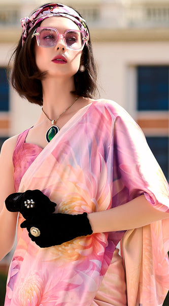 Magnificat Baby Pink Digital Printed Satin Silk Saree With Incredible Blouse Piece