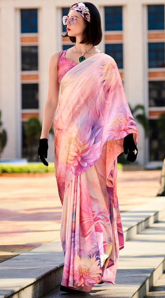 Magnificat Baby Pink Digital Printed Satin Silk Saree With Incredible Blouse Piece