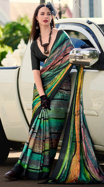 Marvellous Dark Green Digital Printed Satin Silk Saree With Flaunt Blouse Piece