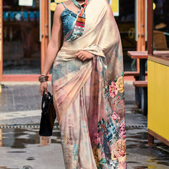 Sensational Beige Digital Printed Satin Silk Saree With Intricate Blouse Piece