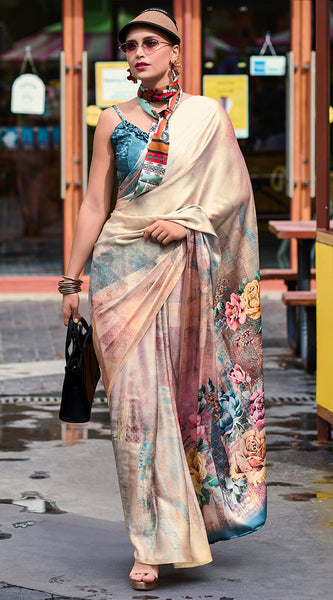 Sensational Beige Digital Printed Satin Silk Saree With Intricate Blouse Piece