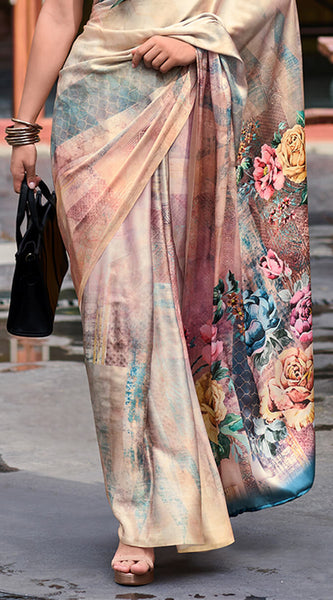 Sensational Beige Digital Printed Satin Silk Saree With Intricate Blouse Piece