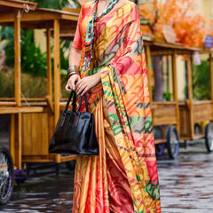 Desiring Multicolor Digital Printed Satin Silk Saree With Desiring Blouse Piece
