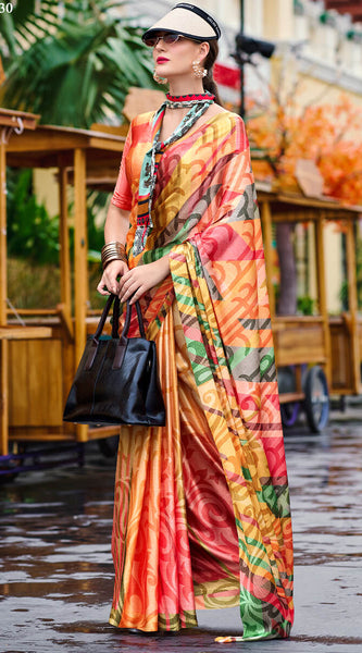 Desiring Multicolor Digital Printed Satin Silk Saree With Desiring Blouse Piece