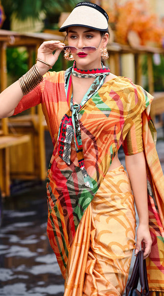 Desiring Multicolor Digital Printed Satin Silk Saree With Desiring Blouse Piece