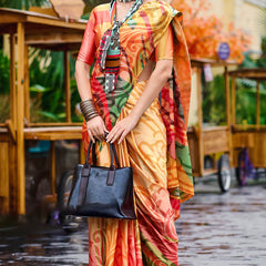 Desiring Multicolor Digital Printed Satin Silk Saree With Desiring Blouse Piece