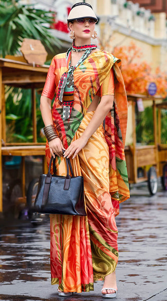 Desiring Multicolor Digital Printed Satin Silk Saree With Desiring Blouse Piece