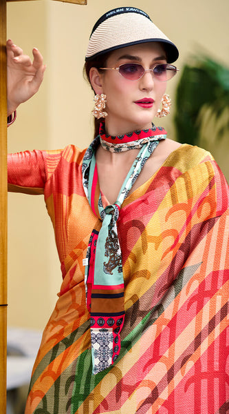 Desiring Multicolor Digital Printed Satin Silk Saree With Desiring Blouse Piece