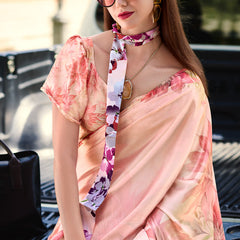 Brood Baby Pink Digital Printed Satin Silk Saree With Dissemble Blouse Piece
