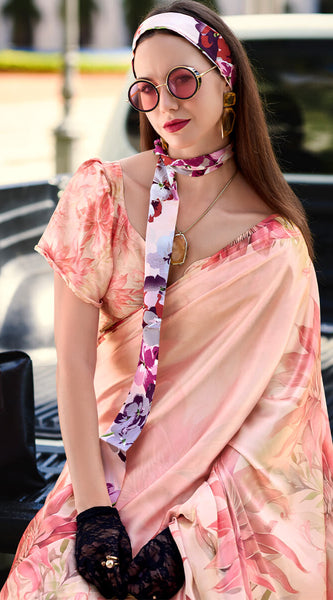 Brood Baby Pink Digital Printed Satin Silk Saree With Dissemble Blouse Piece