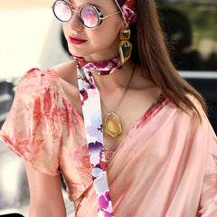 Brood Baby Pink Digital Printed Satin Silk Saree With Dissemble Blouse Piece
