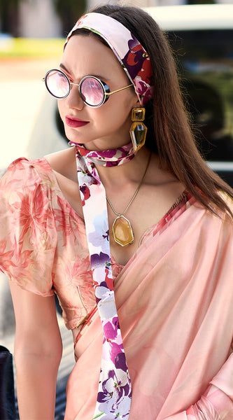 Brood Baby Pink Digital Printed Satin Silk Saree With Dissemble Blouse Piece