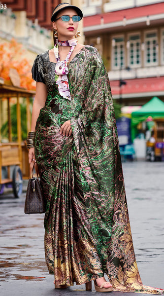 Gossamer Multicolor Digital Printed Satin Silk Saree With Scintilla Blouse Piece